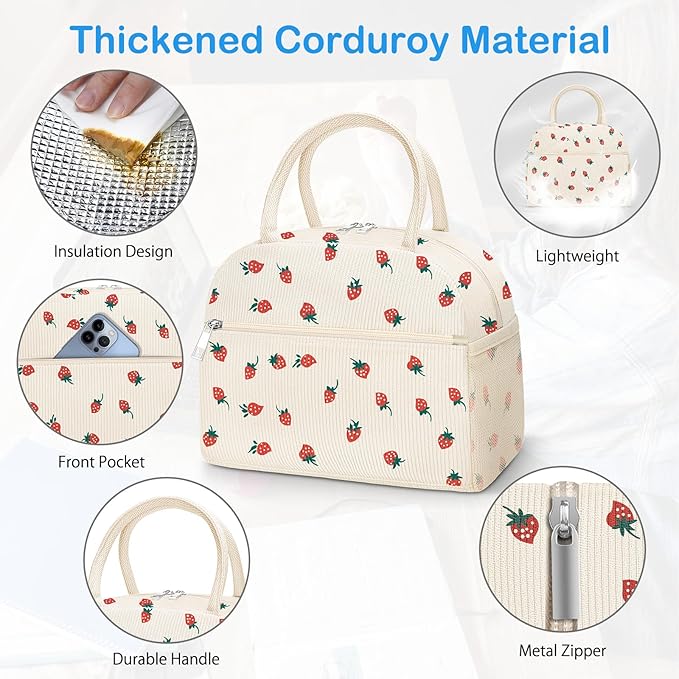 DALINDA Insulated Strawberry Lunch Bag for Women,Cute Corduroy Lunch Tote Bags Lunch Box Water-Resistant Large Capacity Reusable Insulated Cooler for Work Picnic or Travel
