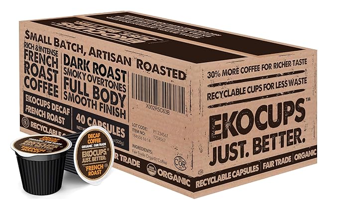 EKOCUPS Organic Swiss Water Decaf French Roast Coffee Pods, Extra 30% More Coffee Per Cup, Artisan Fair Trade Dark Roast, for Keurig K Cup Machines, Recyclable Pods, 40 Count