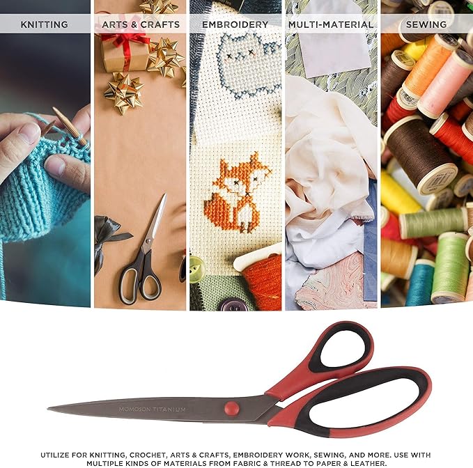 BambooMN Titanium Softgrip Scissors Set for Sewing, Arts, Crafts, Office - 3 Sets of 3 - Red w/Black Inlays