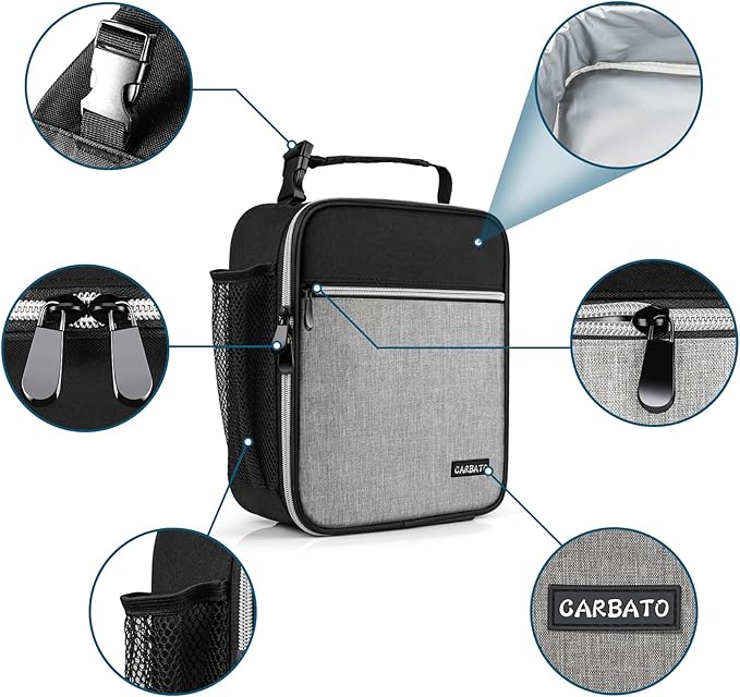 Lunch Bag, Durable Insulated Lunch Box Reusable Adults Tote Bag Lunch Box Durable Reusable for Adults (Black-Light Gray)