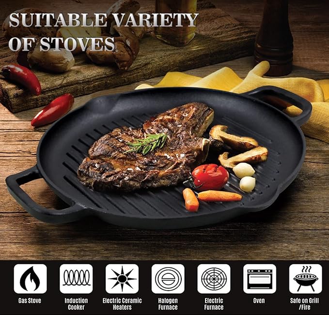 Pre-Seasoned Cast Iron Griddle Pan - 12.6 Inch Round Grill Pan with Dual Handles for BBQ and Stove Top Cooking