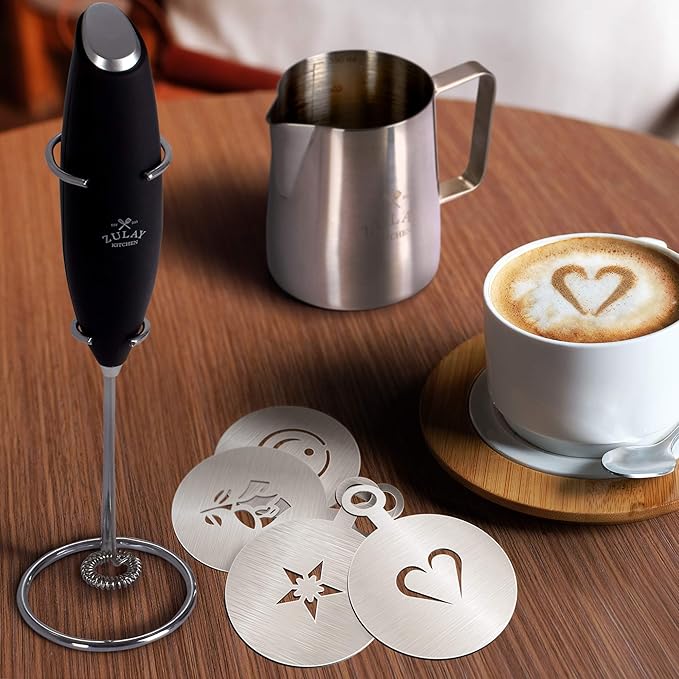 Zulay Premium Gift Milk Frother Set – Handheld Coffee Frother with Stand, 12oz/350ml Frothing Pitcher + 4 Latte Art Stencils – 13,000 RPM Motor, SS Whisk, Battery Operated – Barista Kit (OG Black)