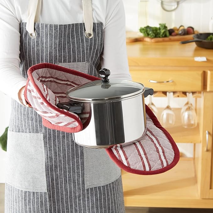 DII Double Strip Chef Kitchen Cooking & Baking Collection, Double Oven Mitt, 35x7.5, Barn Red