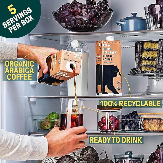 Wandering Bear Espresso Roast Organic Cold Brew Coffee - Extra Strong Bold, Smooth, No Sugar Added, Shelf-Stable, Ready to Drink, 100% Organic Iced Cold Brewed Coffee Drink - 32 fl oz, 3 pack