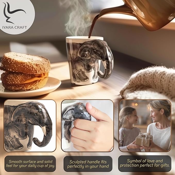 IYARA CRAFT 3D Elephant Mug 11oz – Handcrafted Ceramic Coffee Cup with Sculpted Elephant Handle, Microwave & Dishwasher Safe, Unique Wildlife Gift for Animal Lovers, Women, Christmas & Holiday Gifts