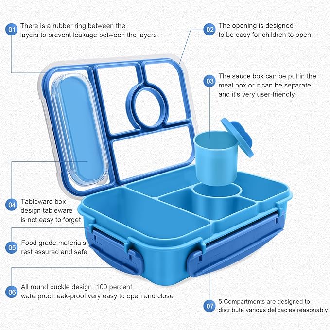 Bento Box Adult Lunch Box Kids,Lunch Containers for Adults/Kids/Toddler,5 Compartments Bento Lunch Box with Sauce Vontainers,Microwave & Dishwasher & Freezer Safe,BPA-Free(Blue)