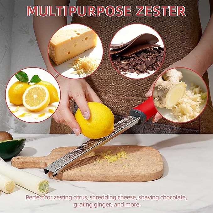 Koythin Zester, Lemon Zester & Cheese Grater with Brush, Heavy Duty Kitchen Tool for Zesting Citrus, Parmesan Cheese, Chocolate, Ginger, Fruits, Stainless Steel with Handle and Cover (Red)