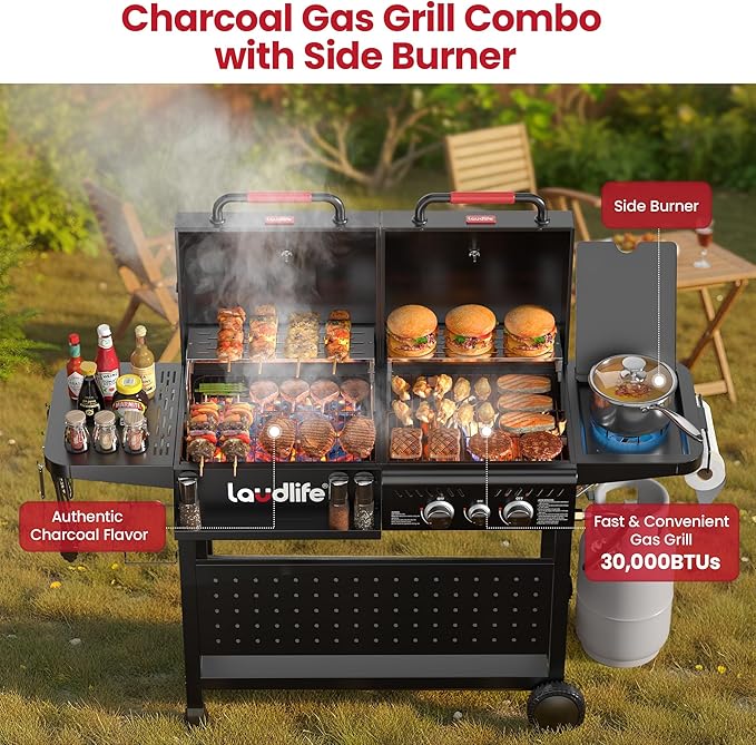 Charcoal Gas Grill Combo with Side Burner, 30,000 BTU Propane BBQ Grill, 748 SQ.IN Cooking Space, Non-Stick Porcelain Enamel Grates, Heavy-Duty Stand for Backyard Outdoor Barbecue