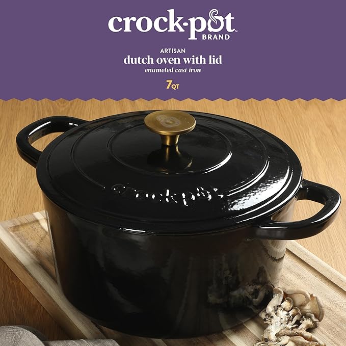 Crock Pot Artisan 7-Quart Round Cast Iron Dutch Oven with Lid – Black Enamel Finish, Gold Knob, Durable Heavy-Duty Cookware for Slow Cooking, Baking, and Roasting