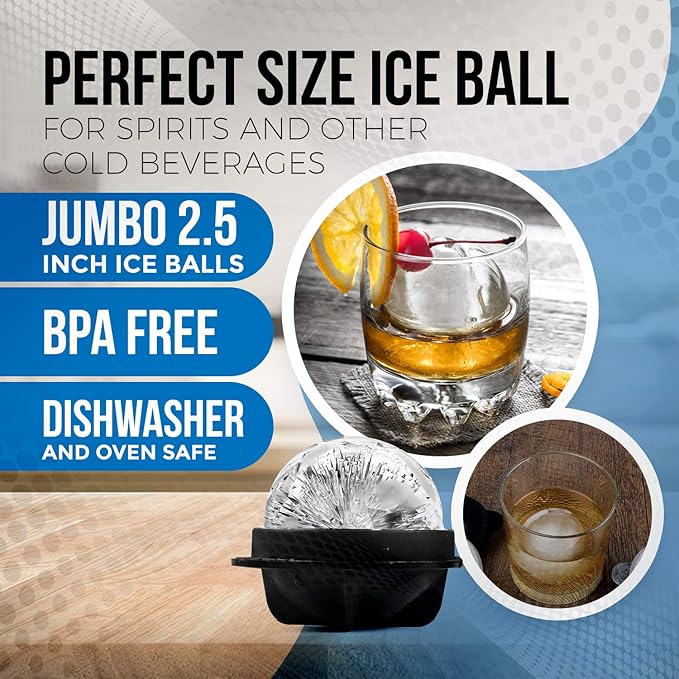 Bourbon Ice Cube Molds - Round Ice Cube Mold Set Of 4-2.5 Inch - Tight Sealing, Leak Proof Silicone Big Sphere Ice Ball Makers For Whiskey, Scotch