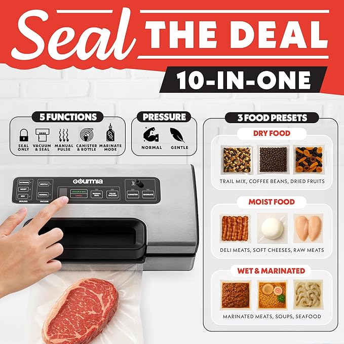 Gourmia Vacuum Sealer – Food Preservation System with Marinate Mode, Pulse Control, LED Display, Built-In Cutter, Gentle & Normal Vacuum Options, Stainless Steel