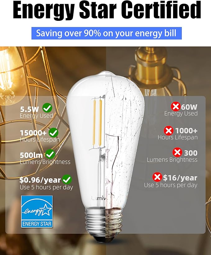 Lumiverse 120 Pack E26 led Bulb 60 watt dimmable Vintage LED Edison Bulbs 5.5W, 60W Equivalent,4000K Cool White, Antique Style ST19/ST58 LED Light Filament Bulbs, CRI 90+, E26 Base