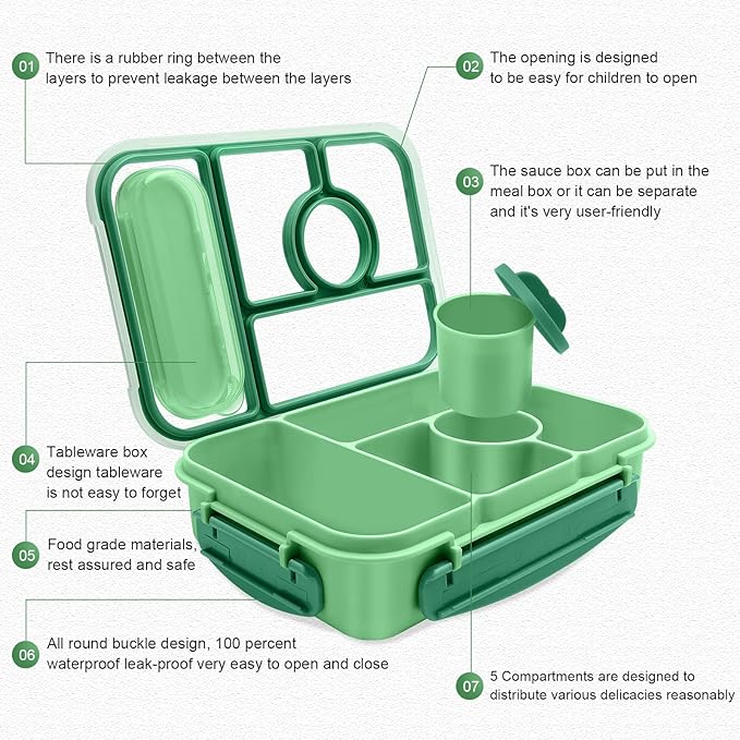 Bento Box Adult Lunch Box Kids,Lunch Containers for Adults/Kids/Toddler,5 Compartments Bento Lunch Box with Sauce Vontainers,Microwave & Dishwasher & Freezer Safe,BPA-Free(Green)