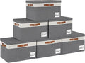 GhvyenntteS 6 Pack Fabric Storage Bins with Lid, Large Closet Storage Bins with Lid and 3 PU Handles, Foldable Fabric Storage Boxes with Label Window for Home Bedroom Office (Grey, Large)
