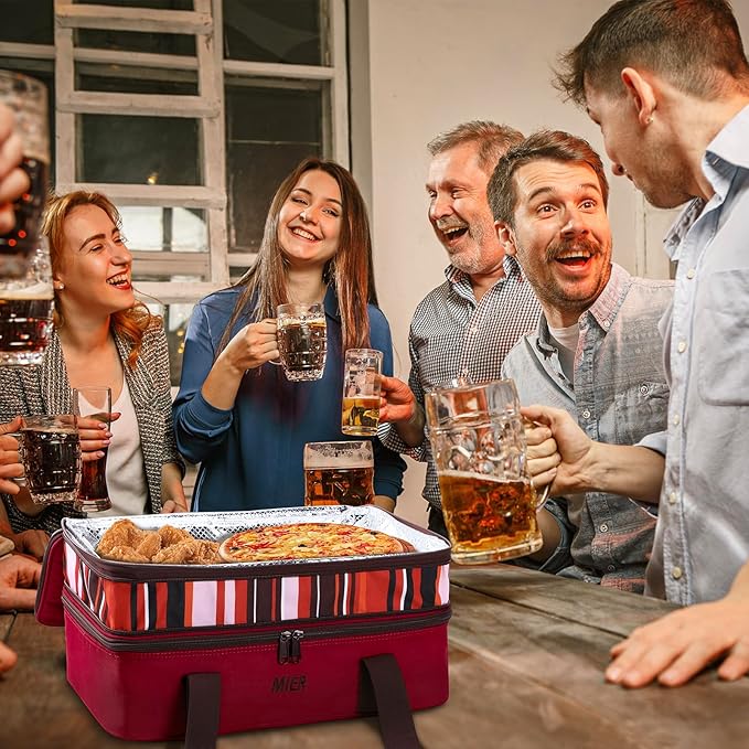 MIER Insulated Double Casserole Carrier Thermal Lunch Tote for Potluck Parties, Picnic, Beach, Fits 9 x 13 Inches Casserole Dish, Expandable by Mid Zipper, Burgundy