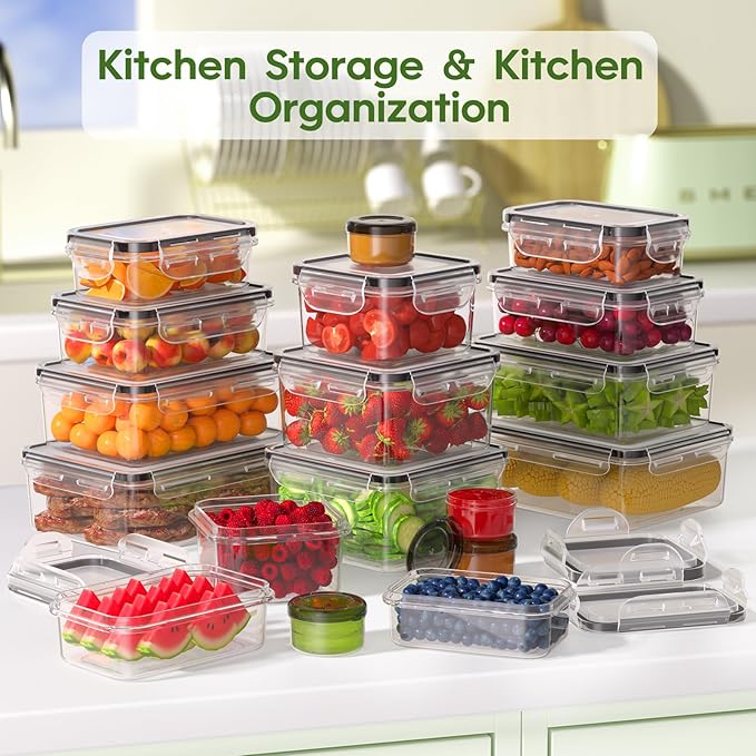 36-Piece Food Storage Containers with Lids(18 Container & 18 Lid), Plastic Food Containers for Pantry & Kitchen Storage and Organization, BPA-Free, Leak Proof, Reusable with Labels & Pen