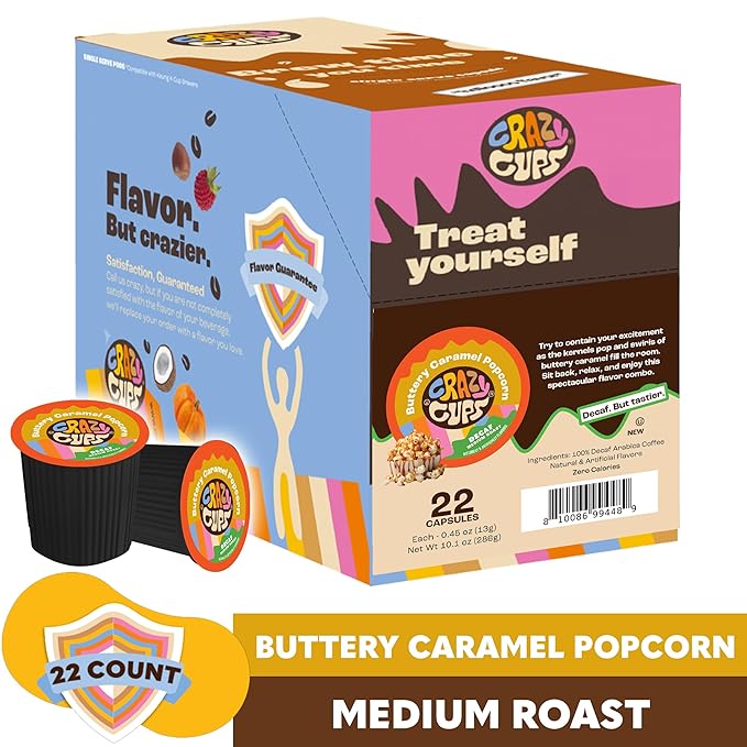 Crazy Cups Flavored Decaf Coffee Pods, Decaffeinated Buttery Caramel Popcorn Coffee Pods for K Cup Keurig Machines, Brew Hot or Iced 22 Count