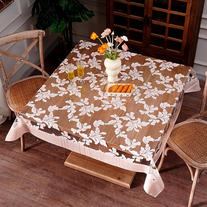 Vinyl Table Cloth Square Clear Table Cover Protector with Block Printed Pattern Oil Spill Proof Farmhouse Rustic Plastic Table Covers for Dining Tables (Scroll Grass, 55 x 55 Inches)
