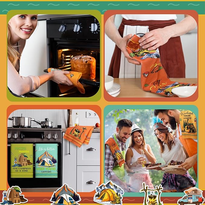 Boyiee Set of 6 Camping Kitchen Towels Absorbent Dishcloths Bonfire Tent Car Tea Towels 24 x 16 Inches with Funny Sayings Novelty Gifts for Campers Happy Camper Camping Accessories for Rv Campers