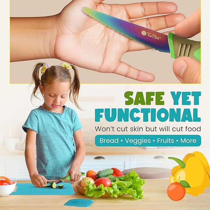Kids Knife Set for Real Cooking | Skin Safe Chef Set for Ages 3+ with Rainbow Blades, Cutting Board, Scraper, Recipe Cards | Jr Chef Cooking Gift for Teens & Kids (16 Pcs)