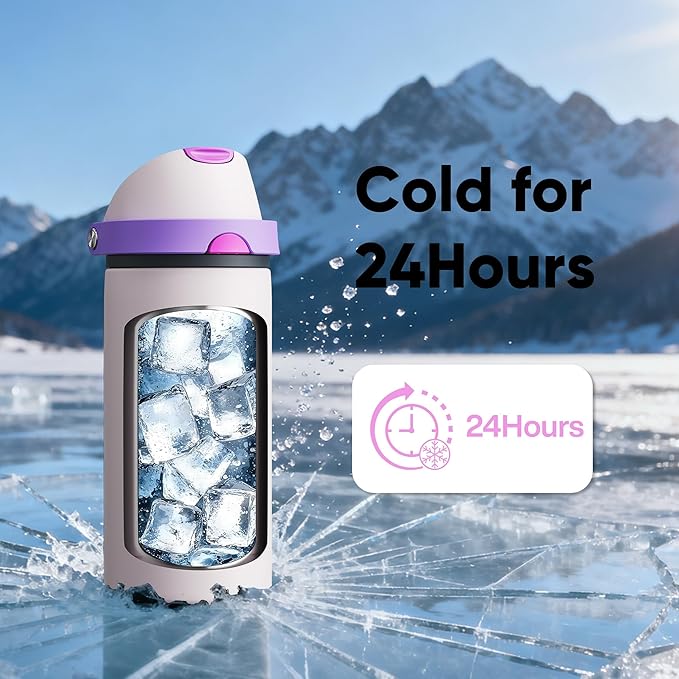 Insulated Water Bottle with Straw - Encool Stainless Steel Water Bottle with Push Button Lid, Leak-Proof & BPA-Free, Keeps Cold for 24 Hours for Sports, Travel, Gym (18 oz, Oyster Pink)