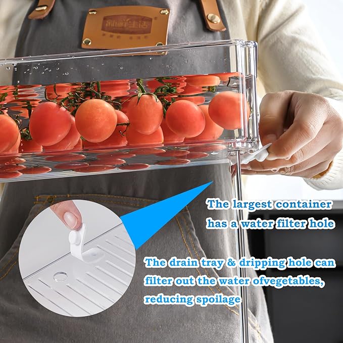 10-Pack Clear Fridge Organizer Bins with Lids, Stackable Refrigerator Storage Containers, BPA-Free with Drain Tray & Anti-Slip Base for Fruits, Veggies, Drinks