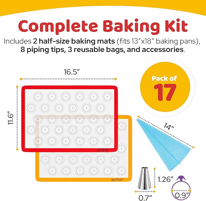 HOTPOP Piping Bags and Tips Set for Macarons - 17-Piece Baking Supplies Kit - Reusable Silicone Pastry Bags - 2 Half-Size Baker Mats - Ideal for Home Pastry Baking (16.5"x11.5")