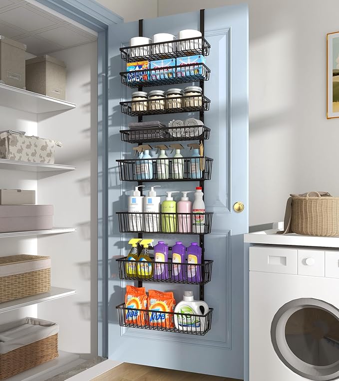 Over The Door Pantry Organizer, Pantry Organization and Storage, 8-Tier Deep Baskets Hanging Heavy-Duty Metal, Wall Spice Rack Seasoning Shelves for Home & Kitchen, Laundry Room Bathroom, Black