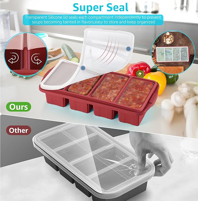 Silicone Freezer Tray With Lid - Silicone Freezer Food Molds- Large Ice Cube Tray,Silicone Freezer Container,Freeze & Store Soup, Sauce, Broth,Leftovers - Makes 4 Perfect 1 Cup