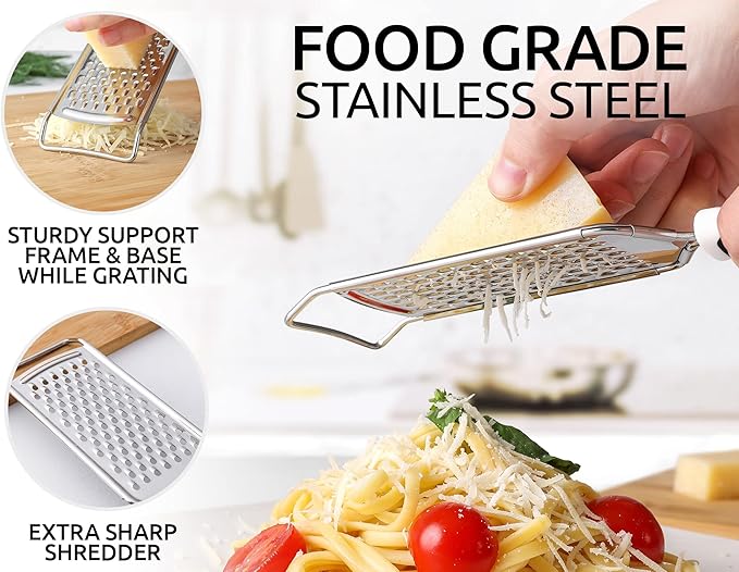 Zulay Kitchen Professional Cheese Grater Stainless Steel - Durable Rust-Proof Metal Lemon Zester Grater With Handle - Flat Handheld Shredder for Parmesan, Chocolate, Spices, And More - 2 Pack - Black