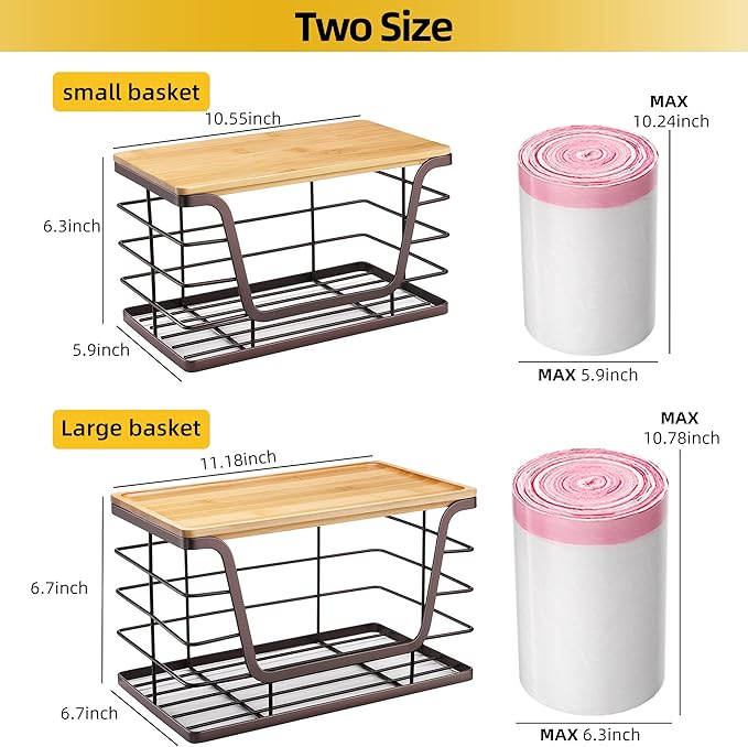ALOCEO 2 Pack Stackable Wire Storage Basket with Bamboo Lip, Trash Bag Dispenser Under Sink for 4-13 Gal Bags, Kitchen Storage Bins for Potato and Onion, Brown