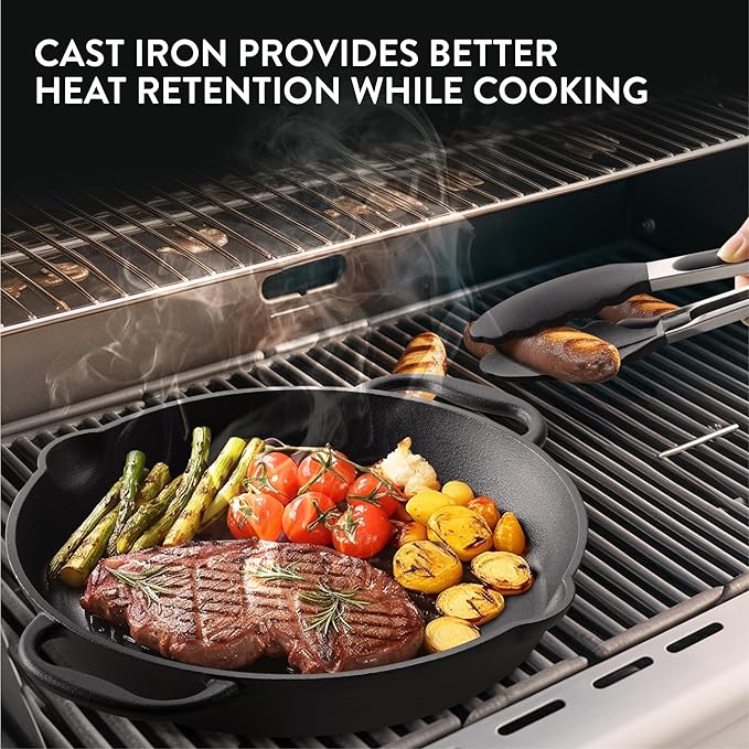 Navaris Cast Iron Skillet Pan - Oven Safe 2 Handle Frying Skillets - Pre Seasoned Pans for Stove or BBQ Cooking - 12 Inch / 30cm