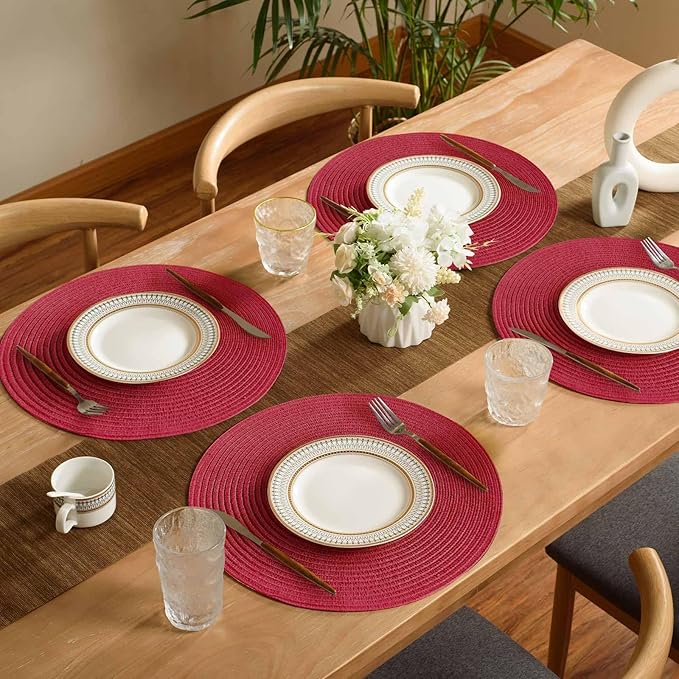 FunWheat Round Braided Placemats Set of 8 Place mats for Dining Tables Woven Heat Resistant Table Mats 15 inch (Wine,8pcs)