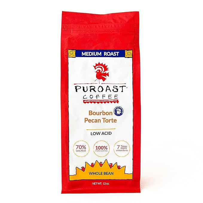 Puroast Low Acid Coffee Whole Bean | Bourbon Pecan Torte Whole Bean | Medium Roast | High Antioxidants & High pH |No Bitter Aftertaste | Reduced Heartburn & GERD | Suitable for Cold Brew - 12 oz