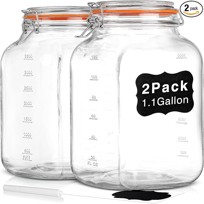 [UPGRADE] 2 Pack Square Super Wide Mouth Airtight Glass Storage Jars with Lids, 1.1 Gallon Glass Container with 2 Measurement Marks, Canning Jars with Leak-proof Lid for Kitchen (Spare Gasket)