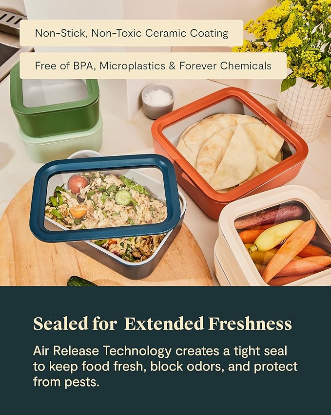 Caraway 22pc Glass Food Storage Set - Storage Containers for Food - Non-Toxic Ceramic-Coated Glass - Air Release Technology - Compact & Stackable Design - Sage