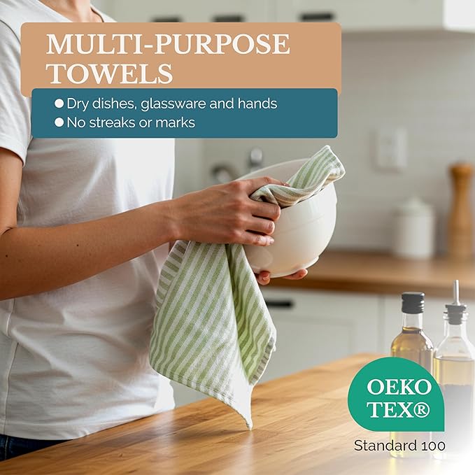 Casa Platino Kitchen Towels Cotton and Kitchen Dish Towels – Soft Cotton Set of 8 with Coordinated Patterns – Inviting Tones for Baking and Everyday Spills – Sage Green