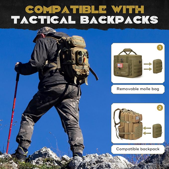 Maelstrom Large Tactical Lunch Box for Men,Insulated Lunch Bag, Leakproof Soft Cooler Bags with Detachable MOLLE Bag,Durable Lunch Tote for Adult Women Work,Picnic,30 Cans/20 L, Khaki