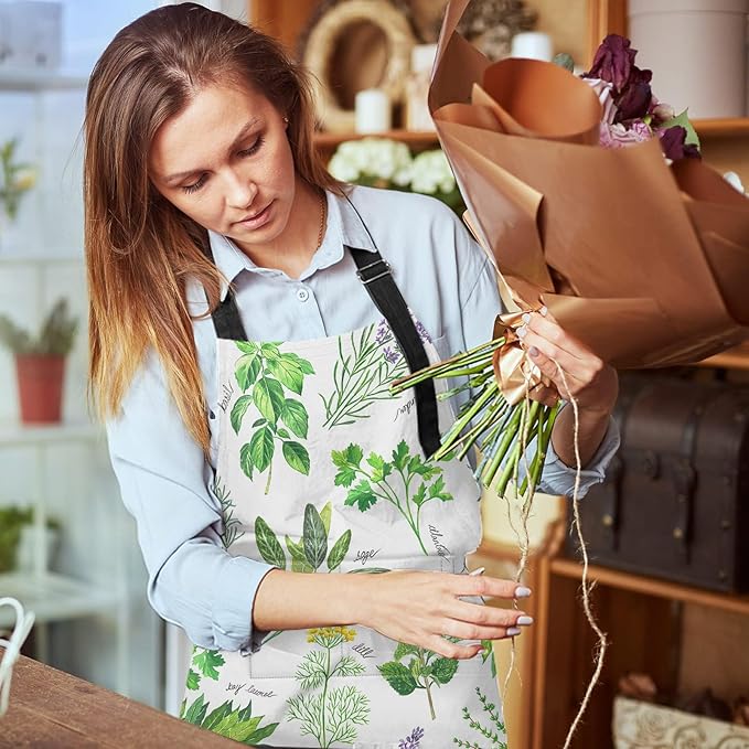 Britimes Apron Home Kitchen Cooking Baking Gardening for Women Men With Pockets Herbs Leaf Natural Gardening Basil 32x28 inch