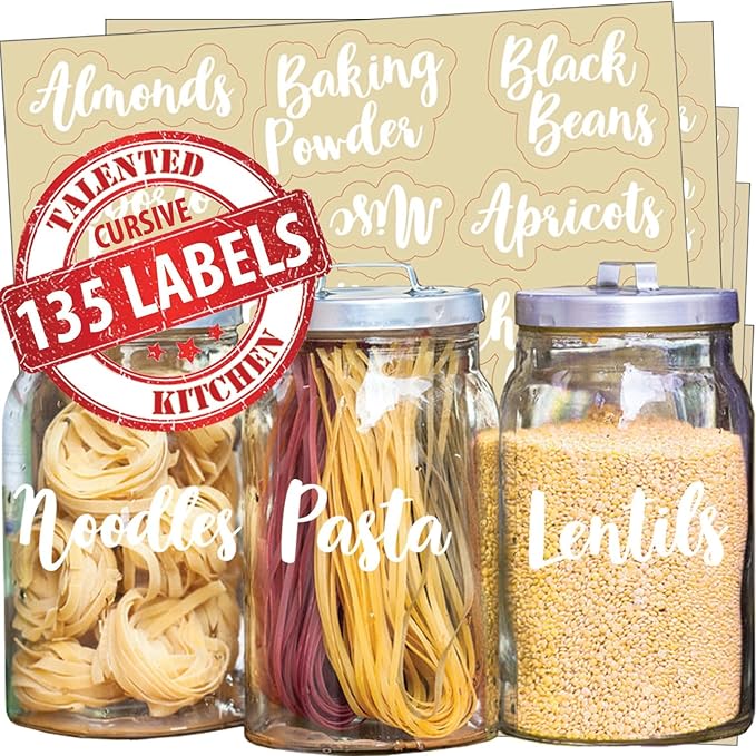 Talented Kitchen 135 Pantry Labels for Food Containers, Clear Preprinted Pantry Labels for Organizing Storage Canisters & Jars, White Cursive Numbers Stickers (Water Resistant)
