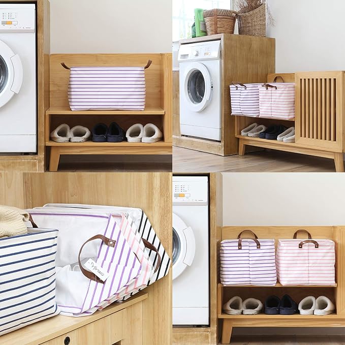 Hinwo 31L Large Storage Bins, Closet Organizers and Storage, Shelf Baskets, Foldable Clothes Storage Baskets with Handles, Containers for Clothing, Blanket, Towels, Toys, Bedding (Purple Stripe)