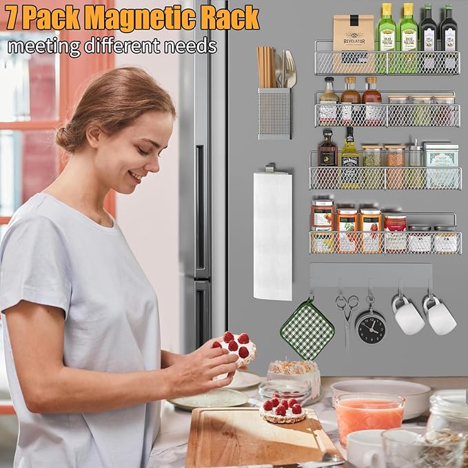 Magnetic Spice Rack for Refrigerator, 7 Pack 100% Metal Strong Magnet Shelves, Kitchen Spice Organizer W/ Hook Rack, Paper Towel Holder, Utensils Caddy, Home Laundry Room Storage Organization (Grey)