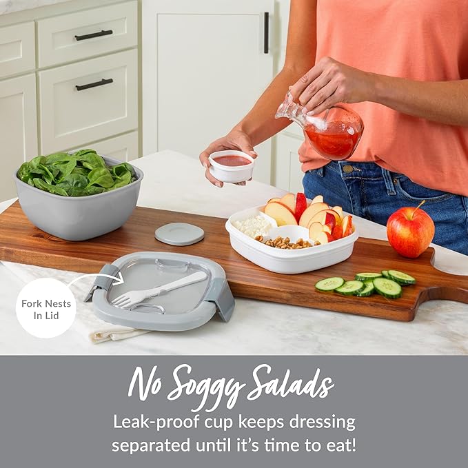 Bentgo Salad Container - 54 oz Bowl with 4-Compartment Toppings Tray, Leak-Proof Dressing Container, Reusable Fork, BPA-Free Lunch Box for Meal Prep & Food Storage; Removable Bento Tray (Gray)