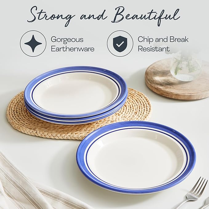 Portmeirion Potter's Stripe Dinner Plate (Set of 4) - 10.5" Earthenware Plates with Classic Striped Rim - Microwave, Dishwasher, Freezer, Oven Safe - Ideal Modern Dinnerware Set (Blue Stripe)