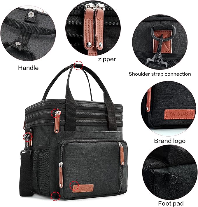 MOV COMPRA Lunch Bags for Men Women, Black Adult Lunch Box for Work, Expandable Leakproof Double Deck Lunch Box Cooler Tote Bag with Removable Shoulder Strap（Black）