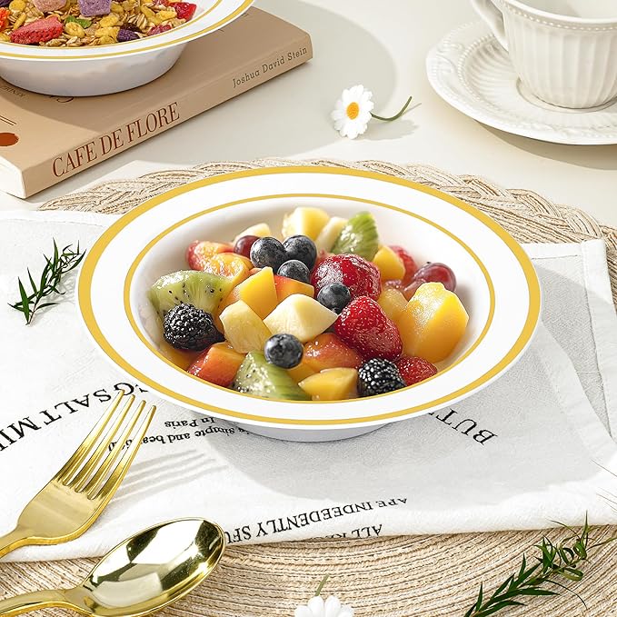 BESTVIP 100 Pack Plastic Bowls with Gold Rim, 12 oz Disposable Soup Bowls, Heavy-duty Dessert Salad Bowl for Party, Wedding, Christmas, Thanksgiving, Dinner, Catering