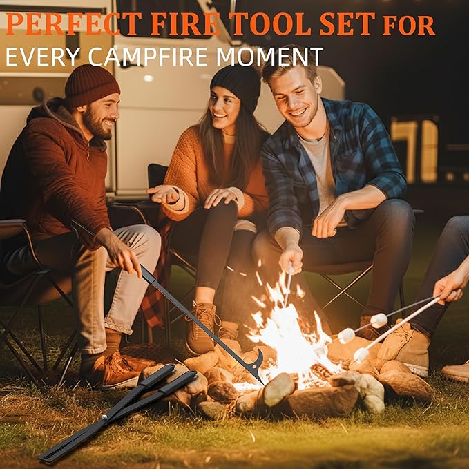 GARVIN Heavy Duty Fire Tongs & Poker Set, 27.7" Long-Handle Carbon Steel Log Grabber with Serrated Grip, Fire Tools Sets For Fire Pit & Fireplace, Wood Stoves, Campfires, Bonfires & BBQ Grills