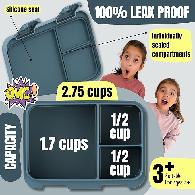Kids Lunch Box with Compartments – Compact & Lightweight | Leak-Proof, BPA-Free, Dishwasher & Microwave Safe | Hand-Drawn Design for Preschool, School, Travel (Astro Bear Blue, 2.75 Cups)