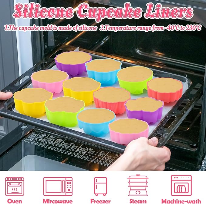 R HORSE Mini Silicone Cupcake Molds - 42Pcs 2 Inch Muti-color Flower-shaped Baking Cups, Reusable Non-Stick Muffin Baking Cups Cupcake Wrappers for Pudding Dessert Donut Oven Dishwasher Microwave Safe