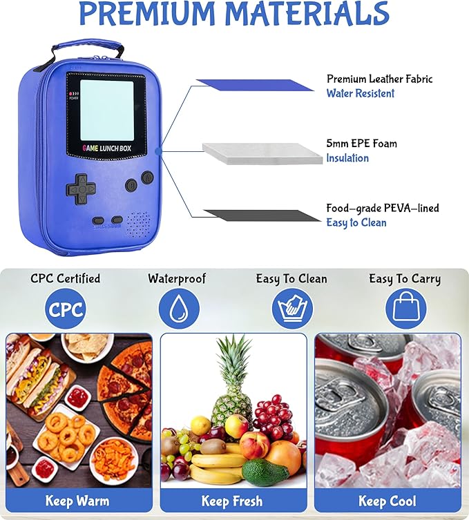 Boy Lunch Box,Kids Lunch Bag Insulated Leather Game Lunch Box for School Thermal Meal Cooler Lunch Boxes for Boy Girl Kid Toddler Teen
